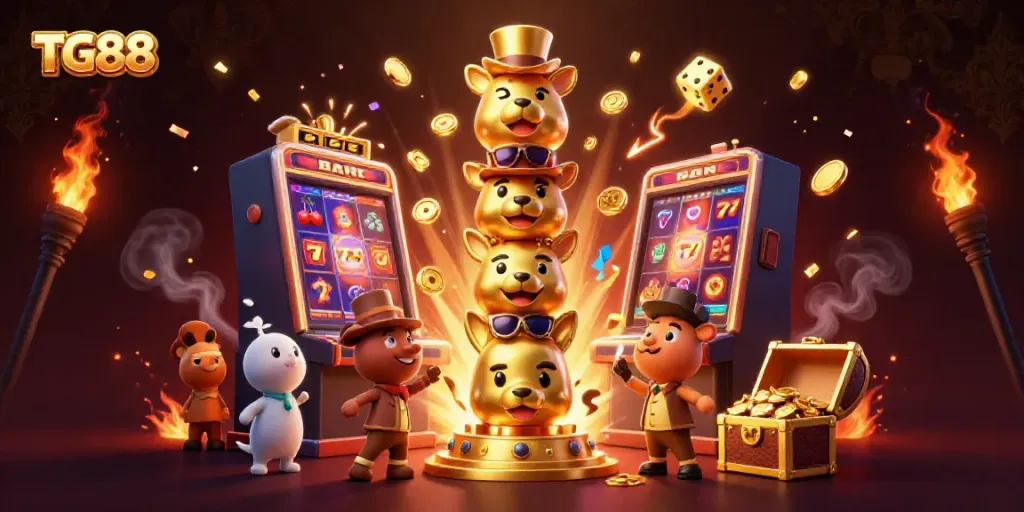 Experience the excitement of TG88 with a vibrant 3D jackpot explosion and interactive casino elements.