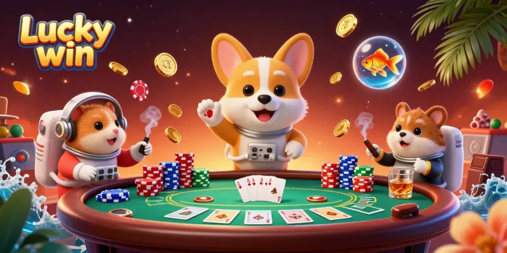 Experience the excitement of Lucky win with a 3D cartoon tableau of a floating casino in space.