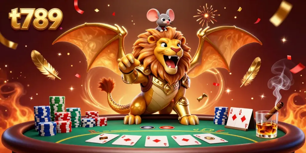 Win at poker with t789's triumphantly roaring chimera in a lively casino scene.